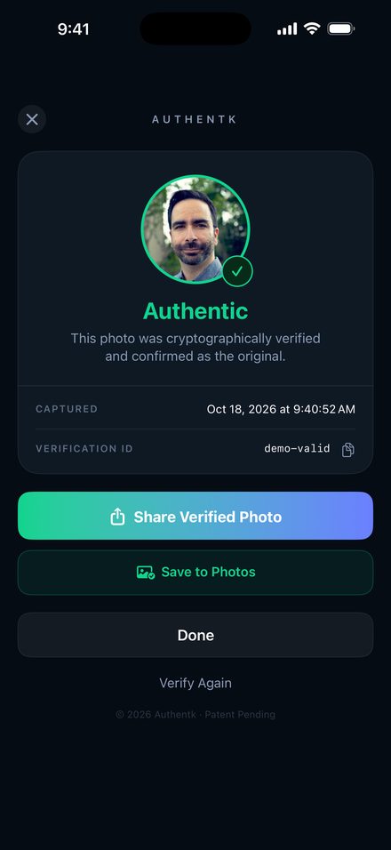 Authentk result card reading Authentic, with the verified selfie, capture time, verification ID, and Share Verified Photo button