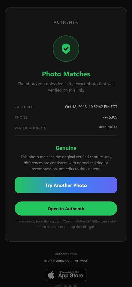 The verification page as the recipient sees it in a phone browser: Photo Matches, capture time, phone ending, verification ID, and Genuine