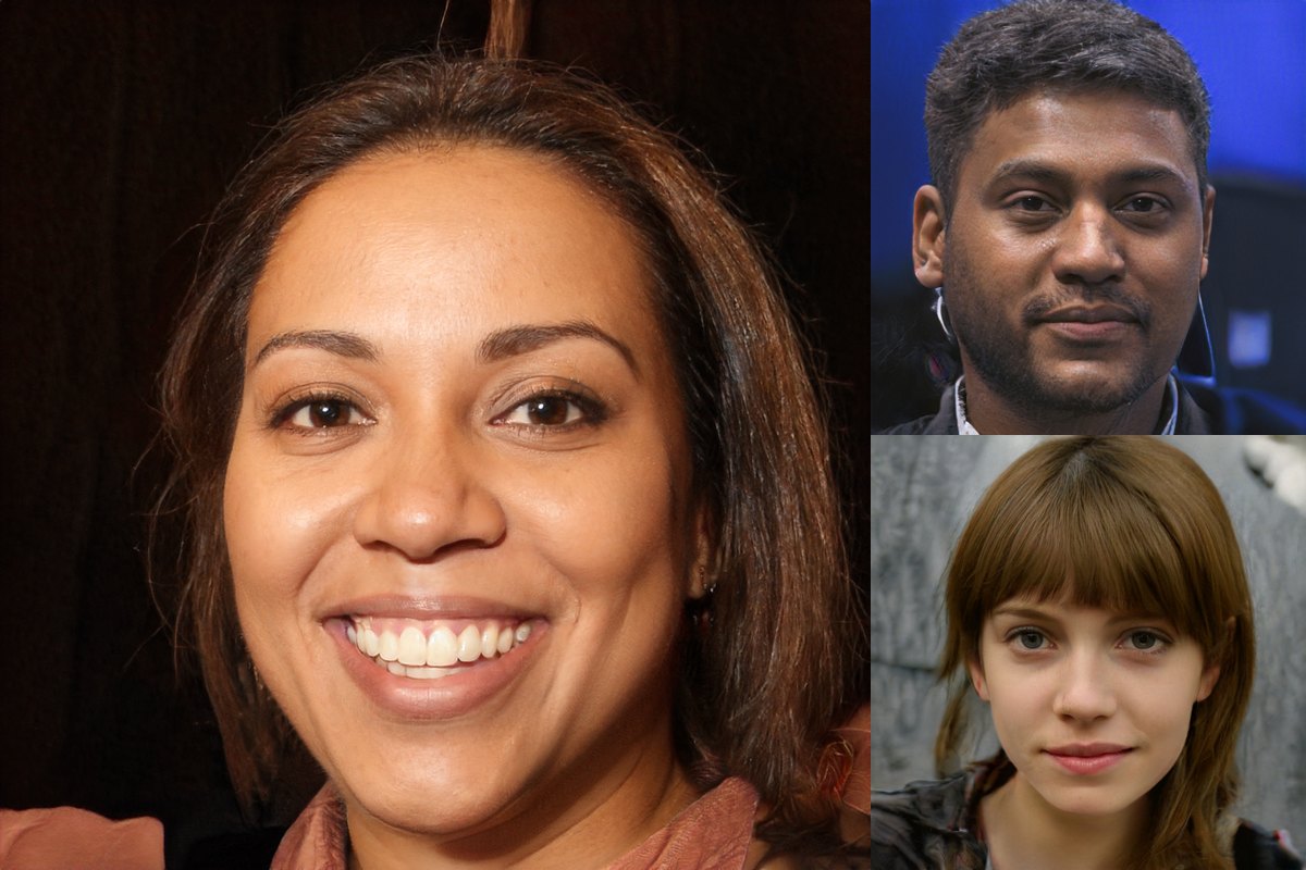 Three AI-generated portrait photos of people who do not exist: a smiling woman with shoulder-length hair, a man with short dark hair, and a young woman with a fringe